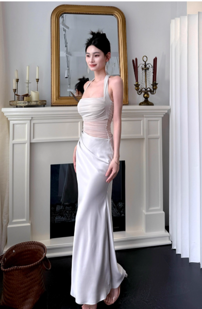 Elegant Halter Sheath Satin Long Evening Dresses, Pink Formal Dresses DP3146