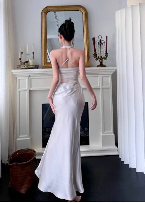 Elegant Halter Sheath Satin Long Evening Dresses, Pink Formal Dresses DP3146