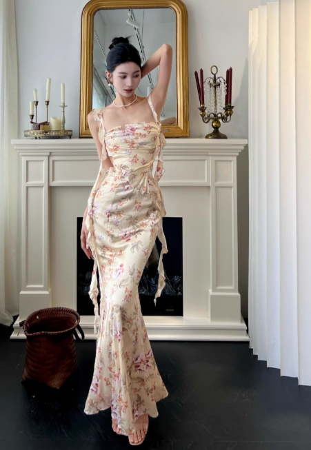 Elegant Straps Mermaid Satin Long Evening Dresses, Floral Backless Formal Dresses DP3147