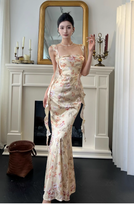 Elegant Straps Mermaid Satin Long Evening Dresses, Floral Backless Formal Dresses DP3147