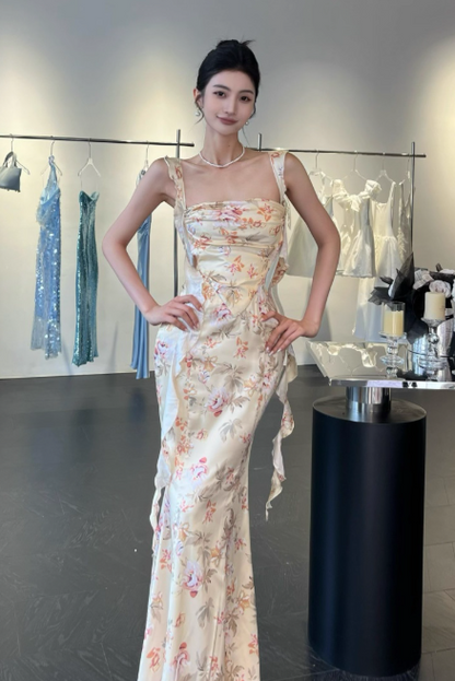 Elegant Straps Mermaid Satin Long Evening Dresses, Floral Backless Formal Dresses DP3147