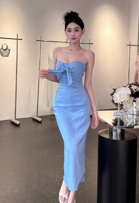Elegant Strapless Sheath Satin Long Prom Dresses,Blue Formal Evening Dresses DP3150