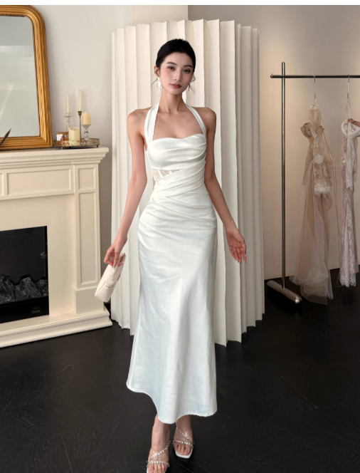 Chic Halter Sheath Satin Evening Dresses,White Formal Dresses DP3151