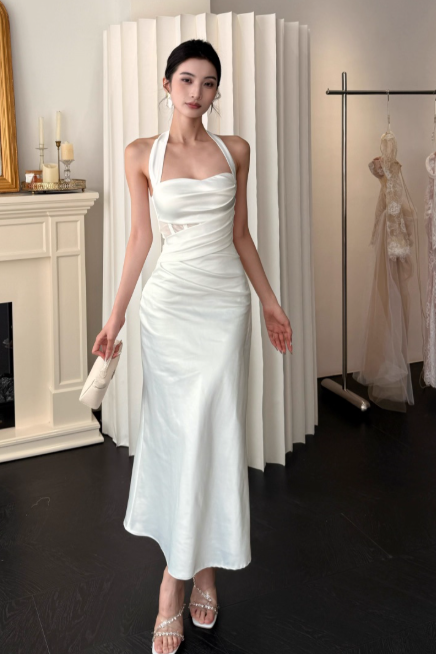 Chic Halter Sheath Satin Evening Dresses,White Formal Dresses DP3151