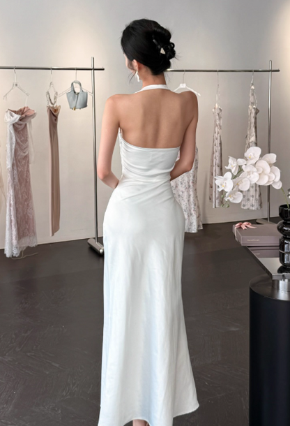 Chic Halter Sheath Satin Evening Dresses,White Formal Dresses DP3151
