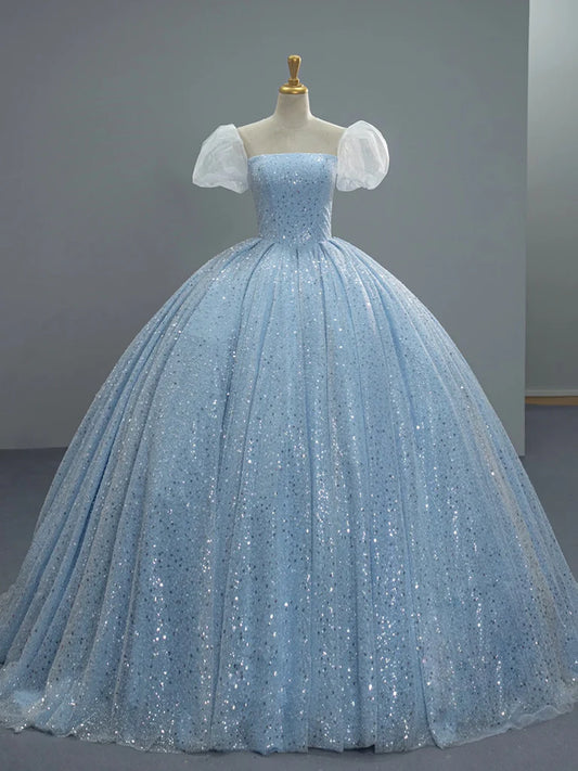 Cute A-Line Puff Sleeves Tulle Sequin Long Prom Dress, Blue Quinceanera Dresses Sweet 16 Dress DP3153