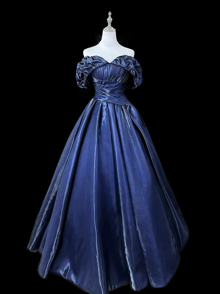 Gorgeous A-Line Off Shoulder Satin Dark Blue Long Prom Dress, Dark Blue Long Formal Dress DP3155