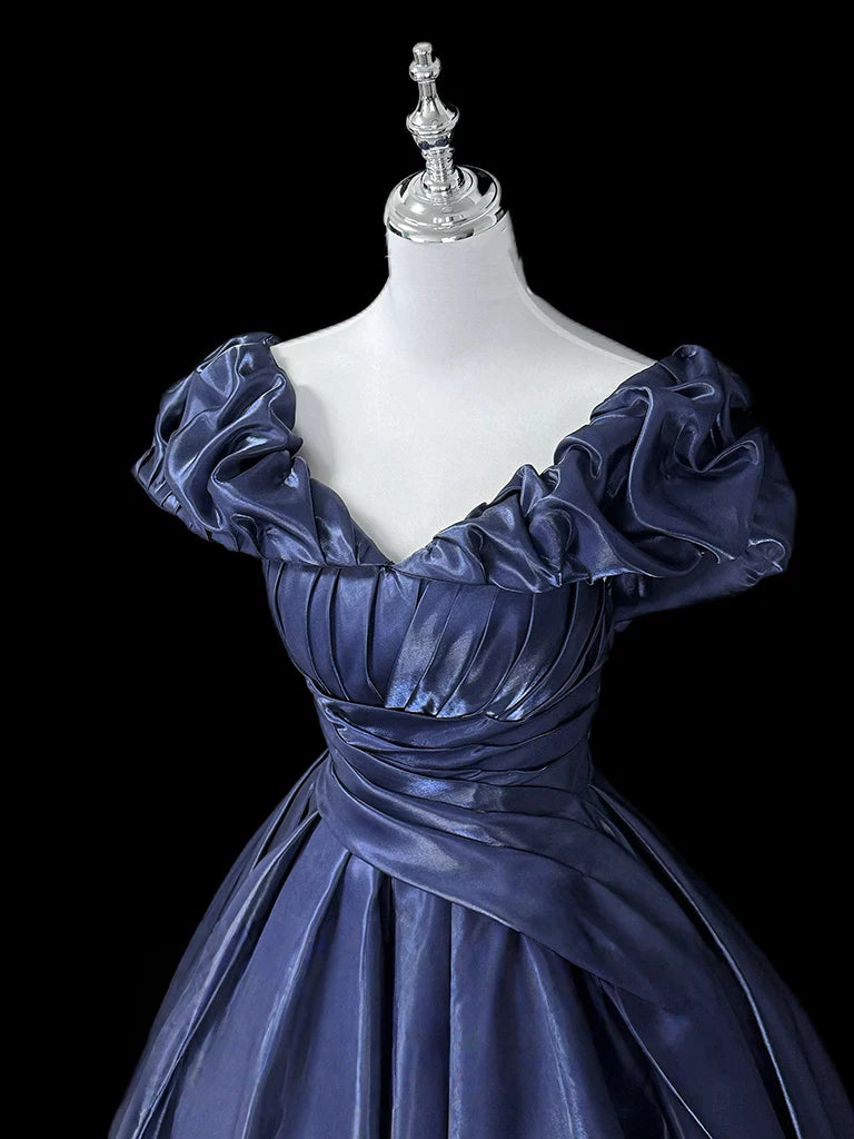 Gorgeous A-Line Off Shoulder Satin Dark Blue Long Prom Dress, Dark Blue Long Formal Dress DP3155