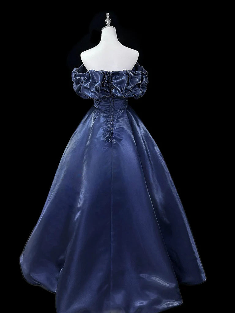 Gorgeous A-Line Off Shoulder Satin Dark Blue Long Prom Dress, Dark Blue Long Formal Dress DP3155
