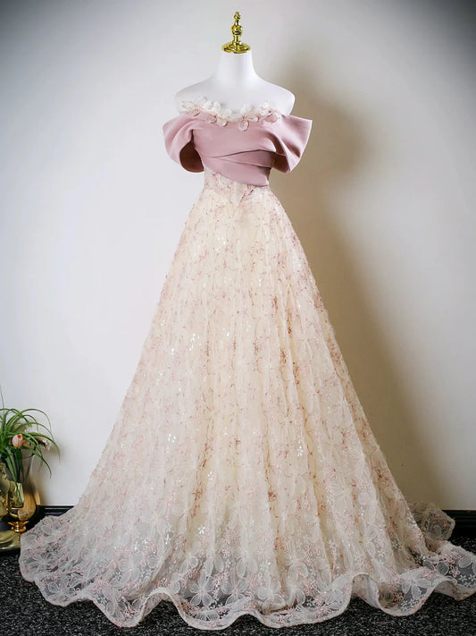 Cute A-Line Off Shoulder Tulle Lace Champagne Long Prom Dress, Champagne Sweet 16 Dress DP3158