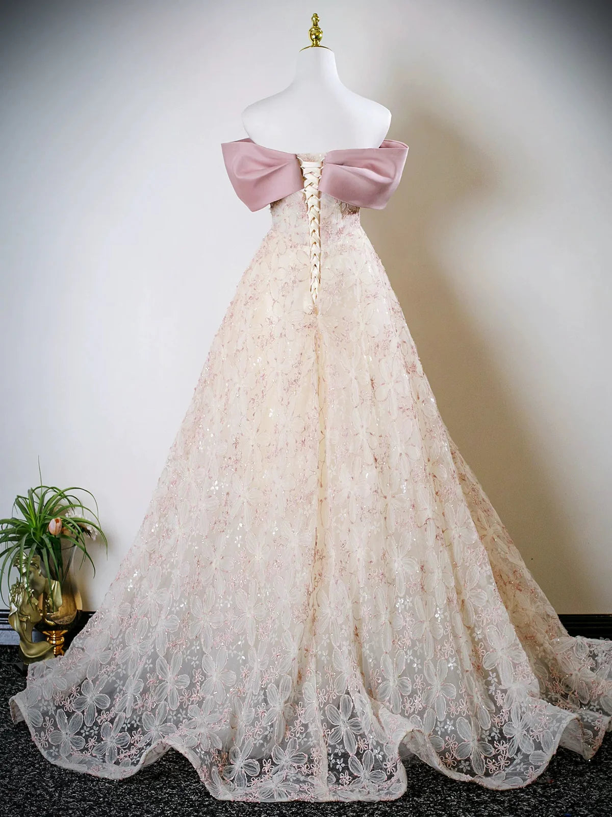 Cute A-Line Off Shoulder Tulle Lace Champagne Long Prom Dress, Champagne Sweet 16 Dress DP3158