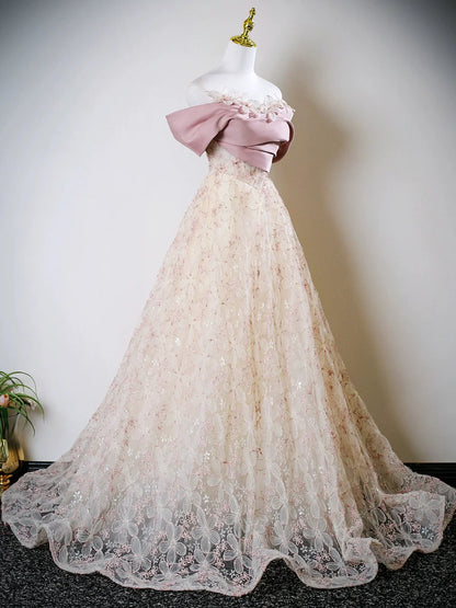 Cute A-Line Off Shoulder Tulle Lace Champagne Long Prom Dress, Champagne Sweet 16 Dress DP3158