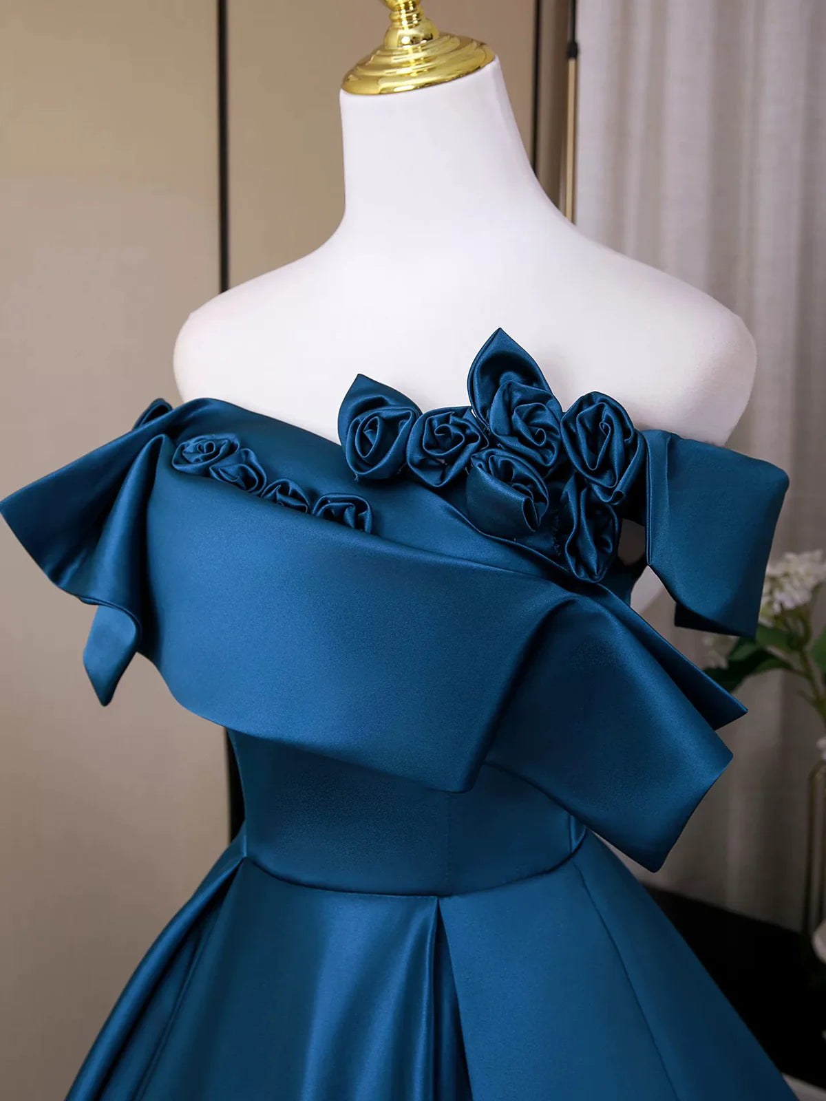 Elegant Off Shoulder A-Line Satin Long Prom Dress, Blue Formal Dresses DP3158