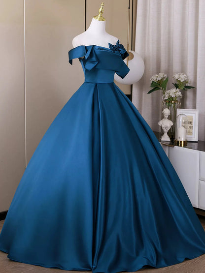 Elegant Off Shoulder A-Line Satin Long Prom Dress, Blue Formal Dresses DP3158