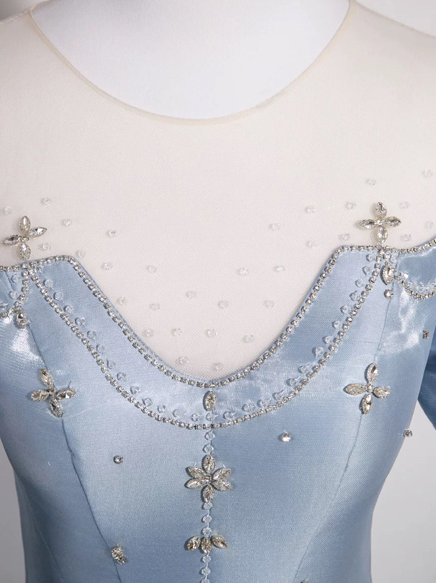 Cute Jewel A-Line Puff Sleeves Satin Blue Long Prom Dress, Blue Formal Dress DP3159