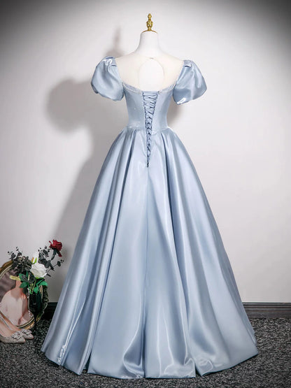 Cute Jewel A-Line Puff Sleeves Satin Blue Long Prom Dress, Blue Formal Dress DP3159