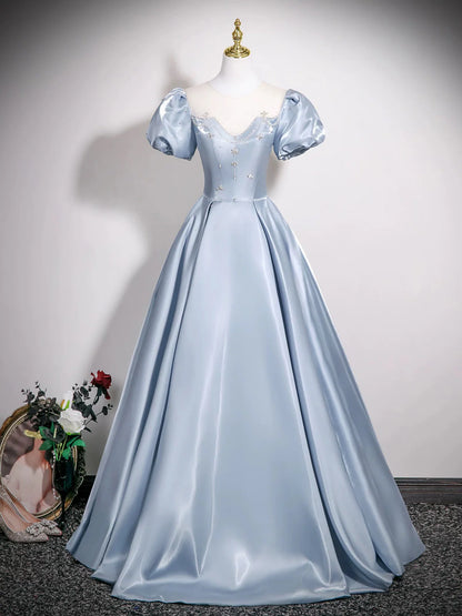 Cute Jewel A-Line Puff Sleeves Satin Blue Long Prom Dress, Blue Formal Dress DP3159