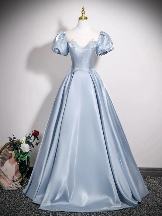 Cute Jewel A-Line Puff Sleeves Satin Blue Long Prom Dress, Blue Formal Dress DP3159