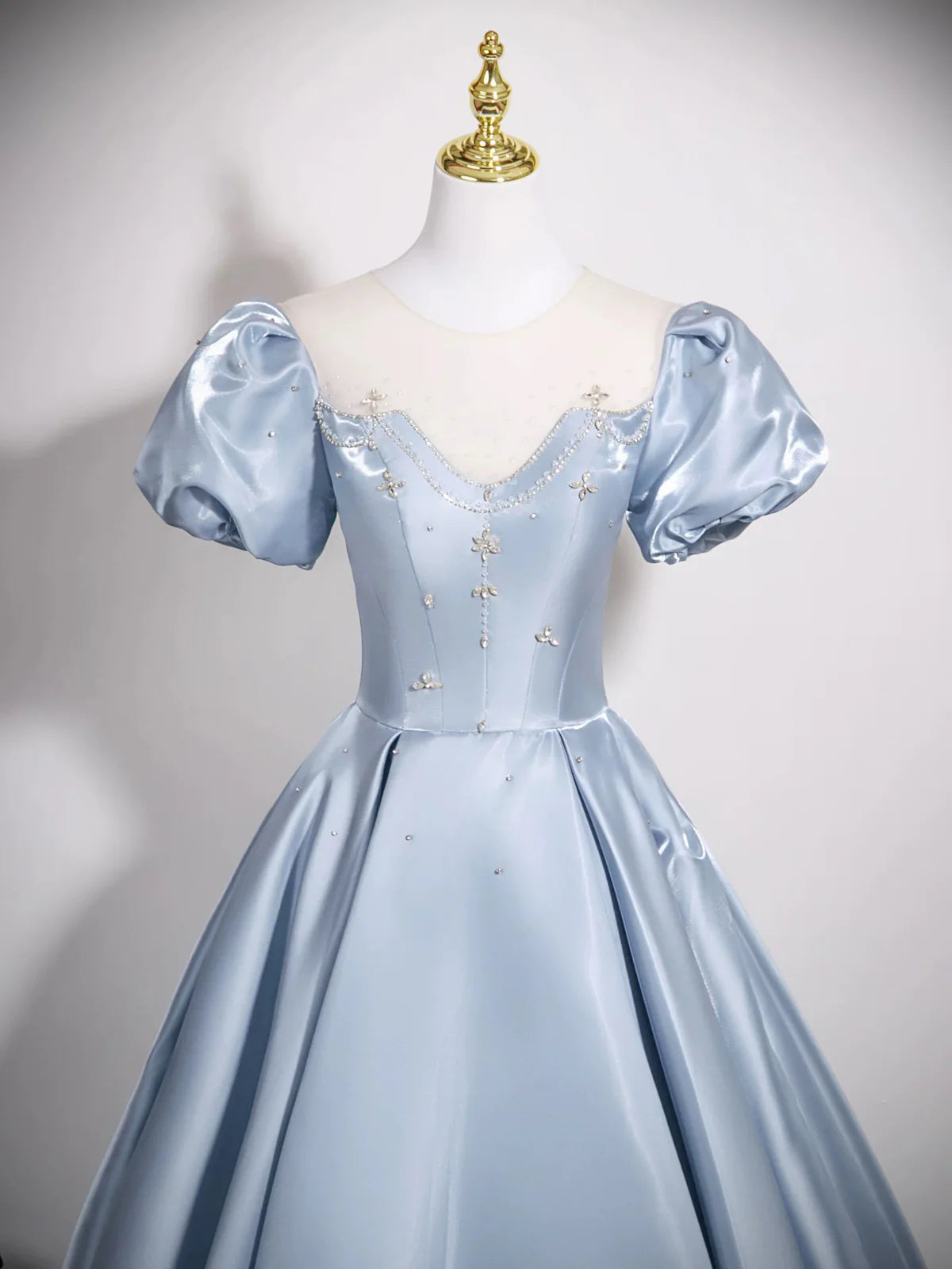 Cute Jewel A-Line Puff Sleeves Satin Blue Long Prom Dress, Blue Formal Dress DP3159