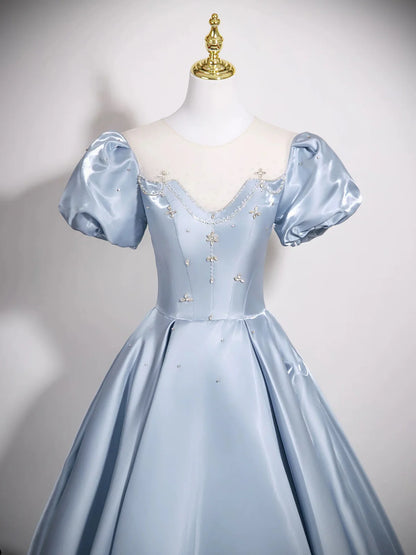 Cute Jewel A-Line Puff Sleeves Satin Blue Long Prom Dress, Blue Formal Dress DP3159