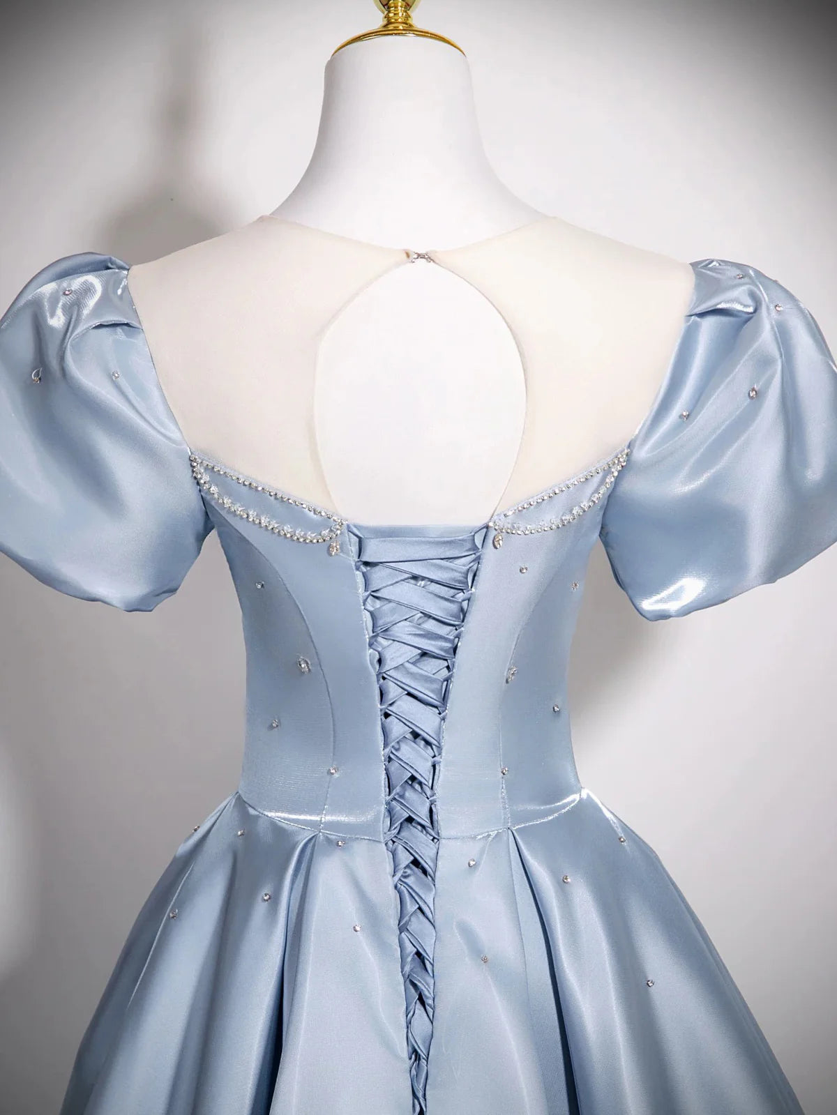 Cute Jewel A-Line Puff Sleeves Satin Blue Long Prom Dress, Blue Formal Dress DP3159