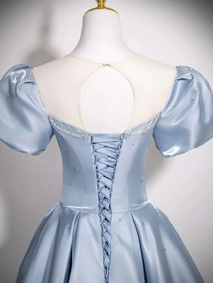 Cute Jewel A-Line Puff Sleeves Satin Blue Long Prom Dress, Blue Formal Dress DP3159