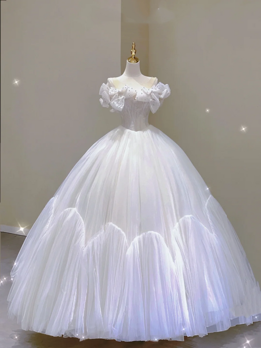 Robe de mariée longue en satin blanc, élégante et chic, épaules dénudées, DP316