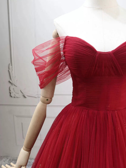Elegant Off-Shoulder A-Line Tulle Long Prom Dresses, Burgundy Formal Evening Dresses DP3161