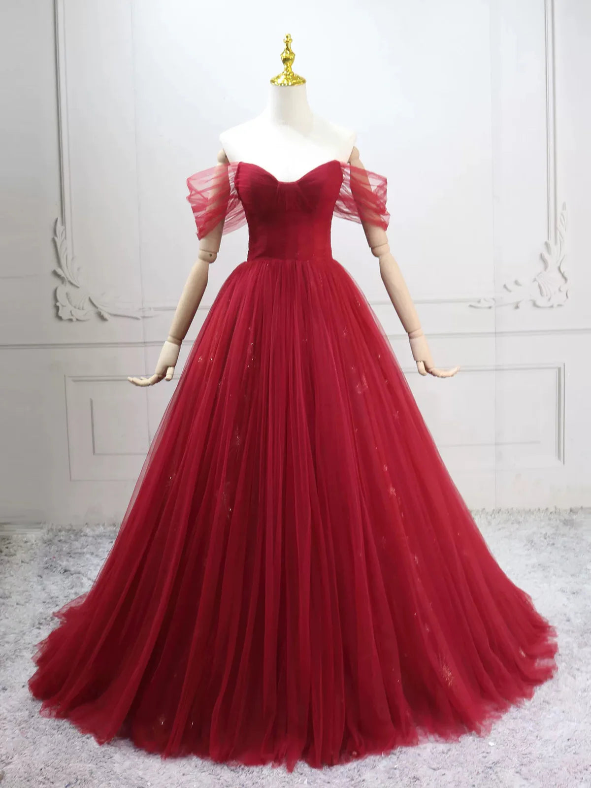 Elegant Off-Shoulder A-Line Tulle Long Prom Dresses, Burgundy Formal Evening Dresses DP3161