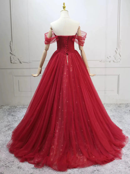 Elegant Off-Shoulder A-Line Tulle Long Prom Dresses, Burgundy Formal Evening Dresses DP3161
