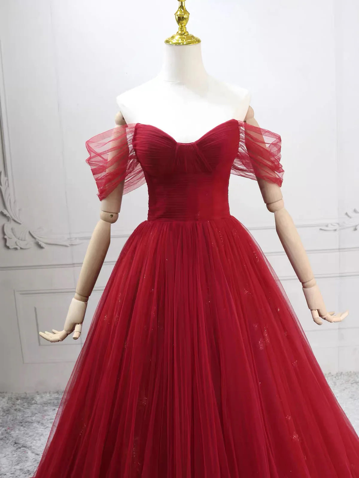 Elegant Off-Shoulder A-Line Tulle Long Prom Dresses, Burgundy Formal Evening Dresses DP3161