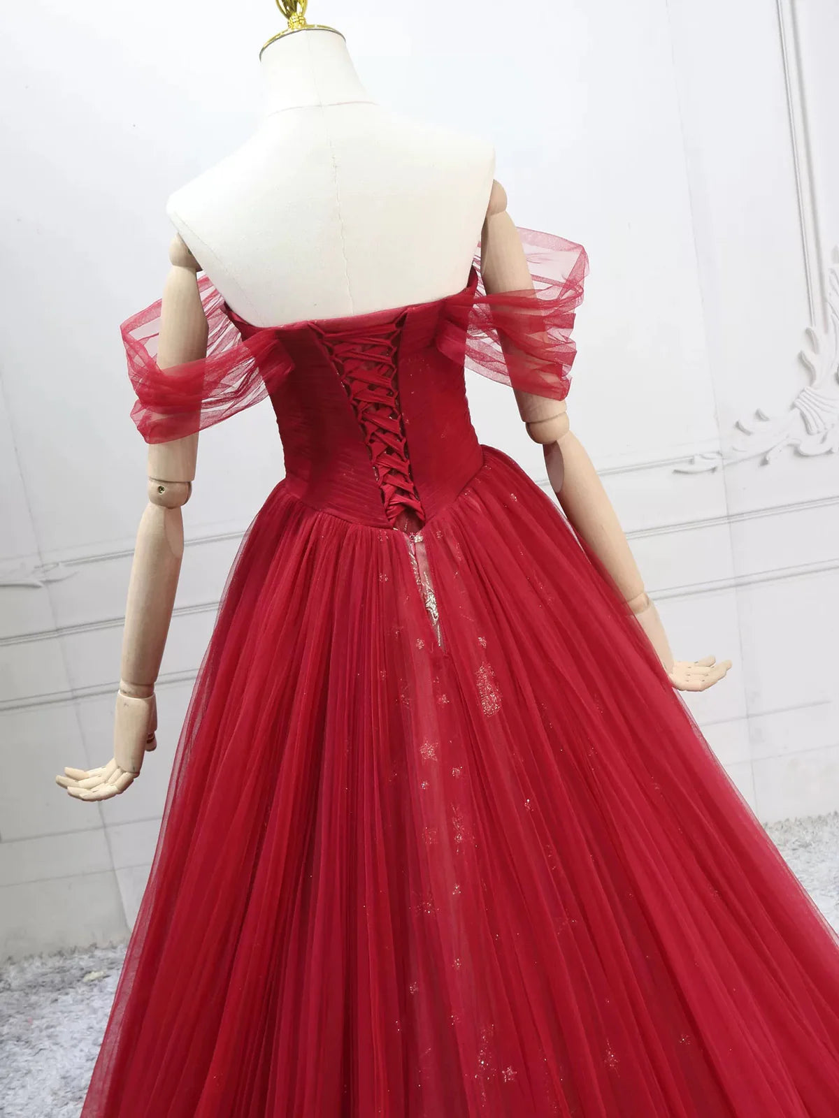Elegant Off-Shoulder A-Line Tulle Long Prom Dresses, Burgundy Formal Evening Dresses DP3161