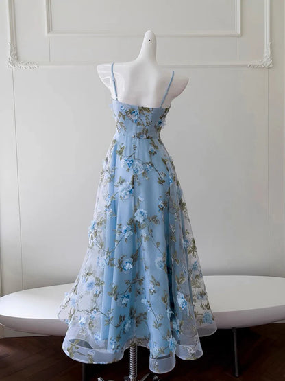 Cute Spaghetti Straps A-Line Tulle Floral Long Prom Dresses, Sky Blue Formal Evening Dresses DP3162