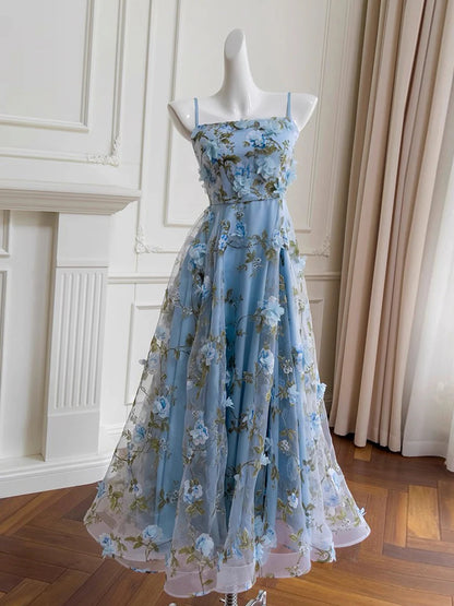 Cute Spaghetti Straps A-Line Tulle Floral Long Prom Dresses, Sky Blue Formal Evening Dresses DP3162