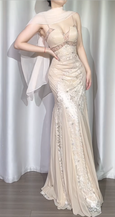 Vintage Spaghetti Straps Sheath Chiffon Long Prom Dresses, Light Champagne Formal Evening Dresses DP3163