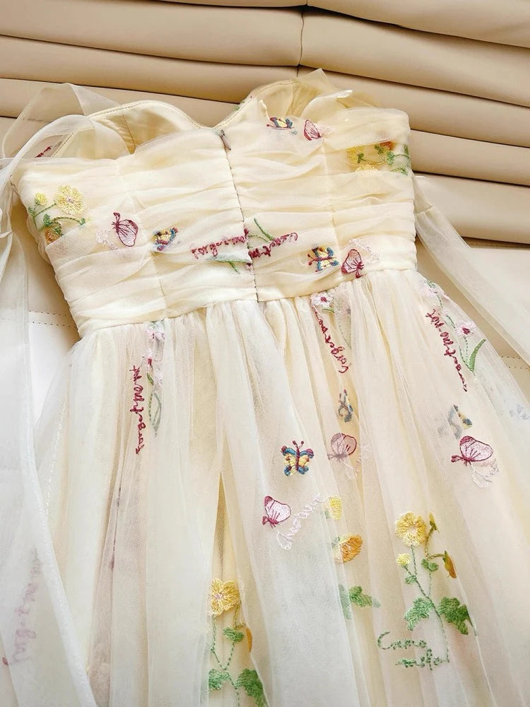 Cute Straps A-Line Tulle Floral Long Prom Dresses, Pale Yellow Formal Evening Dresses DP3164
