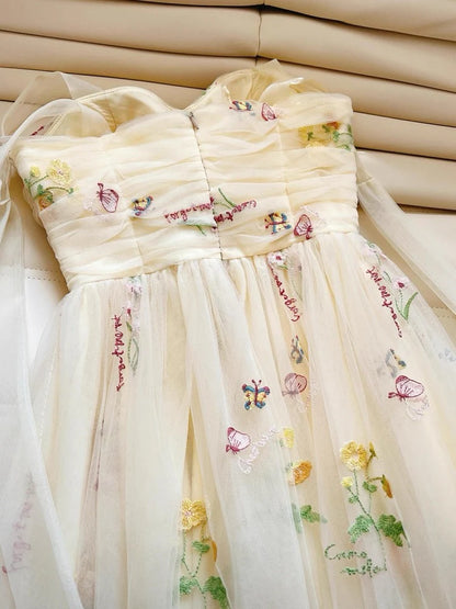 Cute Straps A-Line Tulle Floral Long Prom Dresses, Pale Yellow Formal Evening Dresses DP3164