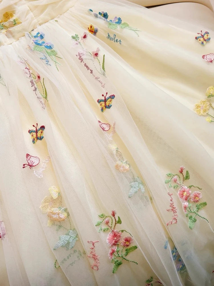 Cute Straps A-Line Tulle Floral Long Prom Dresses, Pale Yellow Formal Evening Dresses DP3164