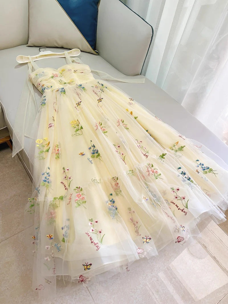 Cute Straps A-Line Tulle Floral Long Prom Dresses, Pale Yellow Formal Evening Dresses DP3164