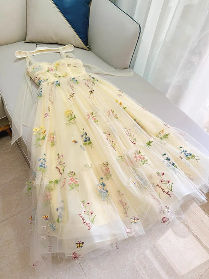 Cute Straps A-Line Tulle Floral Long Prom Dresses, Pale Yellow Formal Evening Dresses DP3164