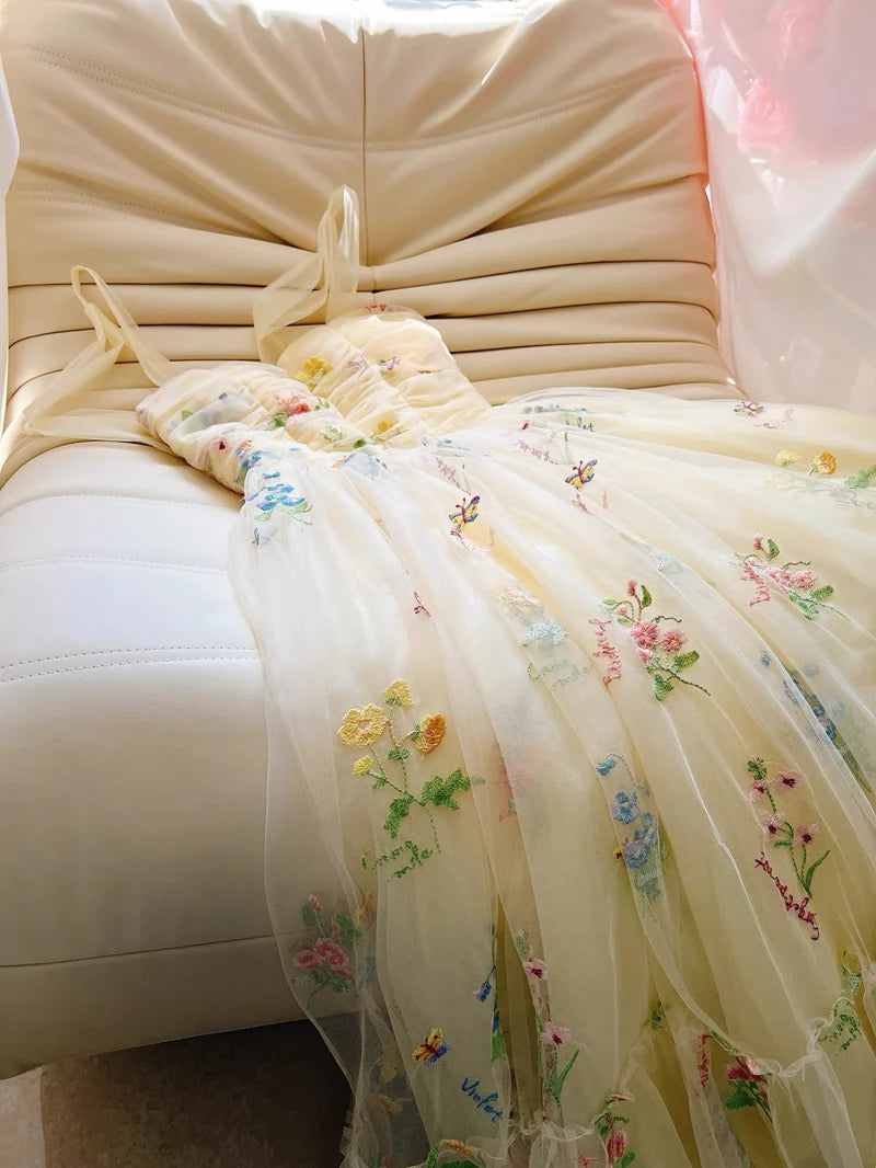 Cute Straps A-Line Tulle Floral Long Prom Dresses, Pale Yellow Formal Evening Dresses DP3164