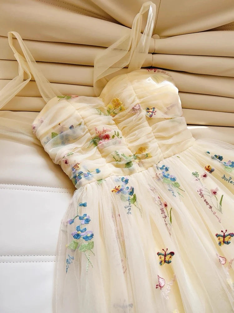Cute Straps A-Line Tulle Floral Long Prom Dresses, Pale Yellow Formal Evening Dresses DP3164
