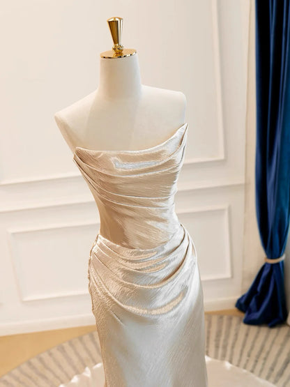 Glam Strapless Sheath Satin Long Prom Dresses, Champagne Formal Evening Dresses DP3166