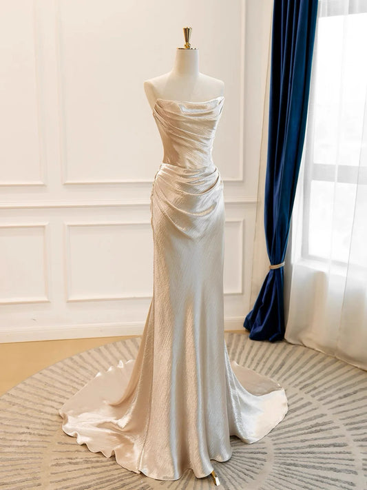 Glam Strapless Sheath Satin Long Prom Dresses, Champagne Formal Evening Dresses DP3166