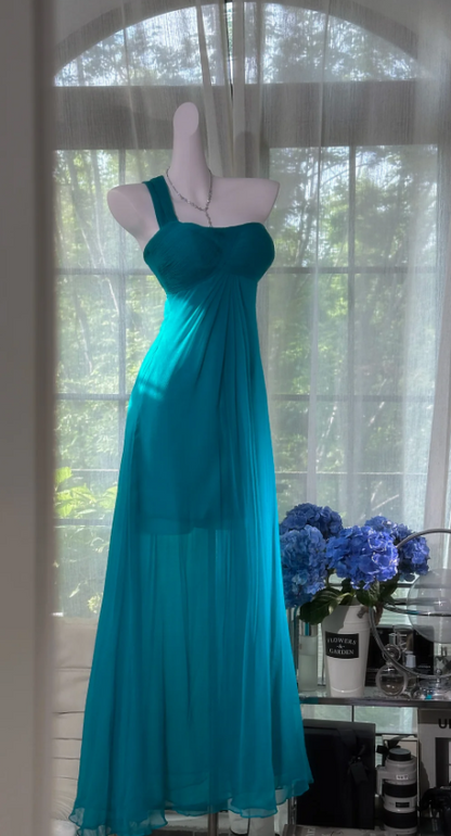 Vintage One-Shoulder Sheath Chiffon Long Prom Dresses, Turquoise Formal Evening Dresses DP3167