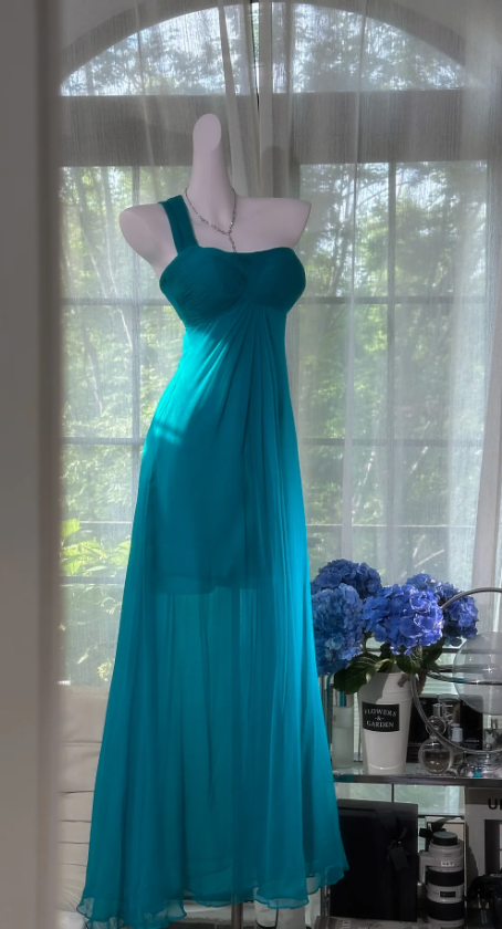 Vintage One-Shoulder Sheath Chiffon Long Prom Dresses, Turquoise Formal Evening Dresses DP3167