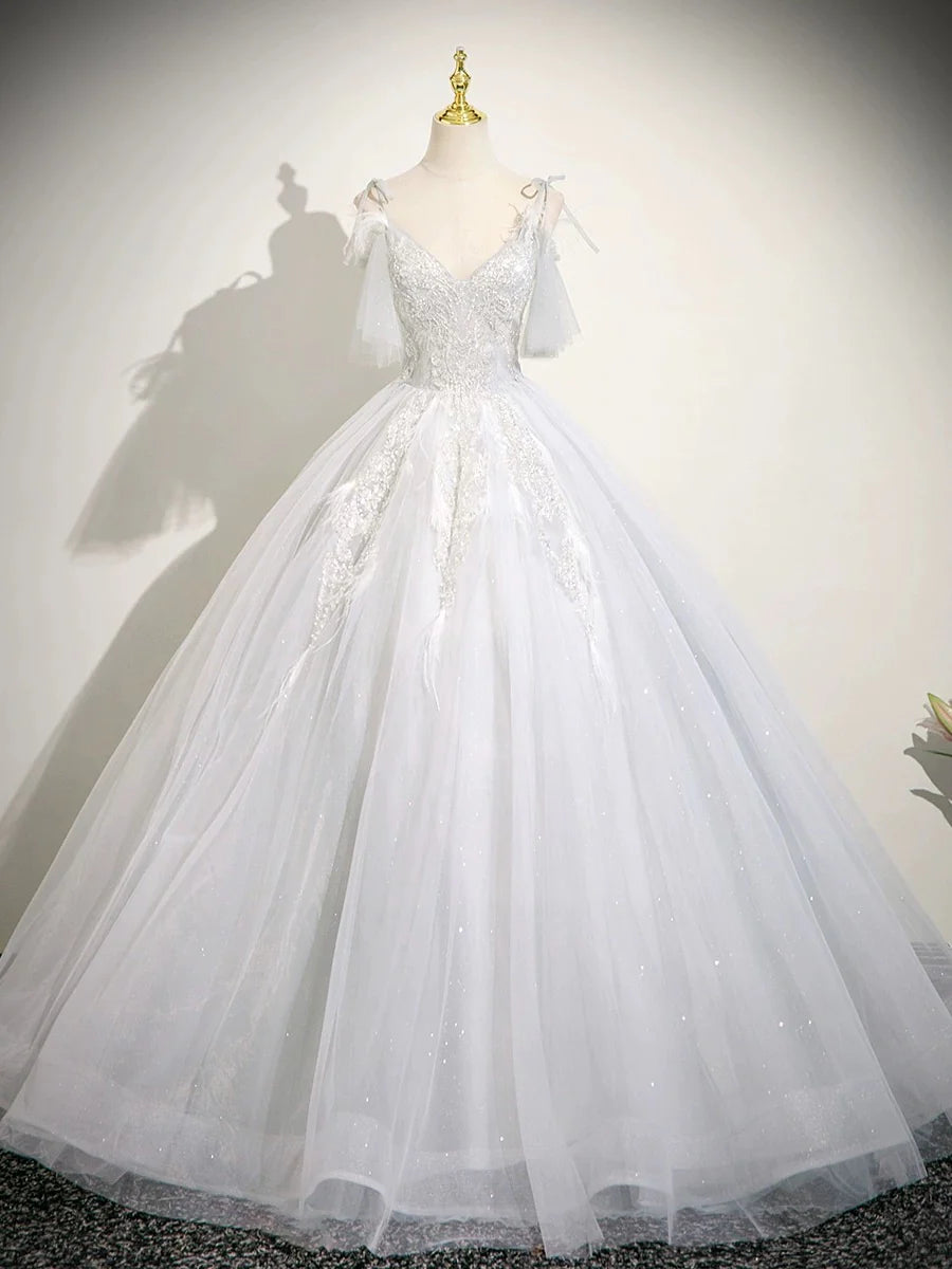 Cute V neck A-Line Tulle Long Prom Dresses, White Sweet 16 Dresses DP3169
