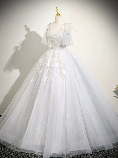 Cute V neck A-Line Tulle Long Prom Dresses, White Sweet 16 Dresses DP3169