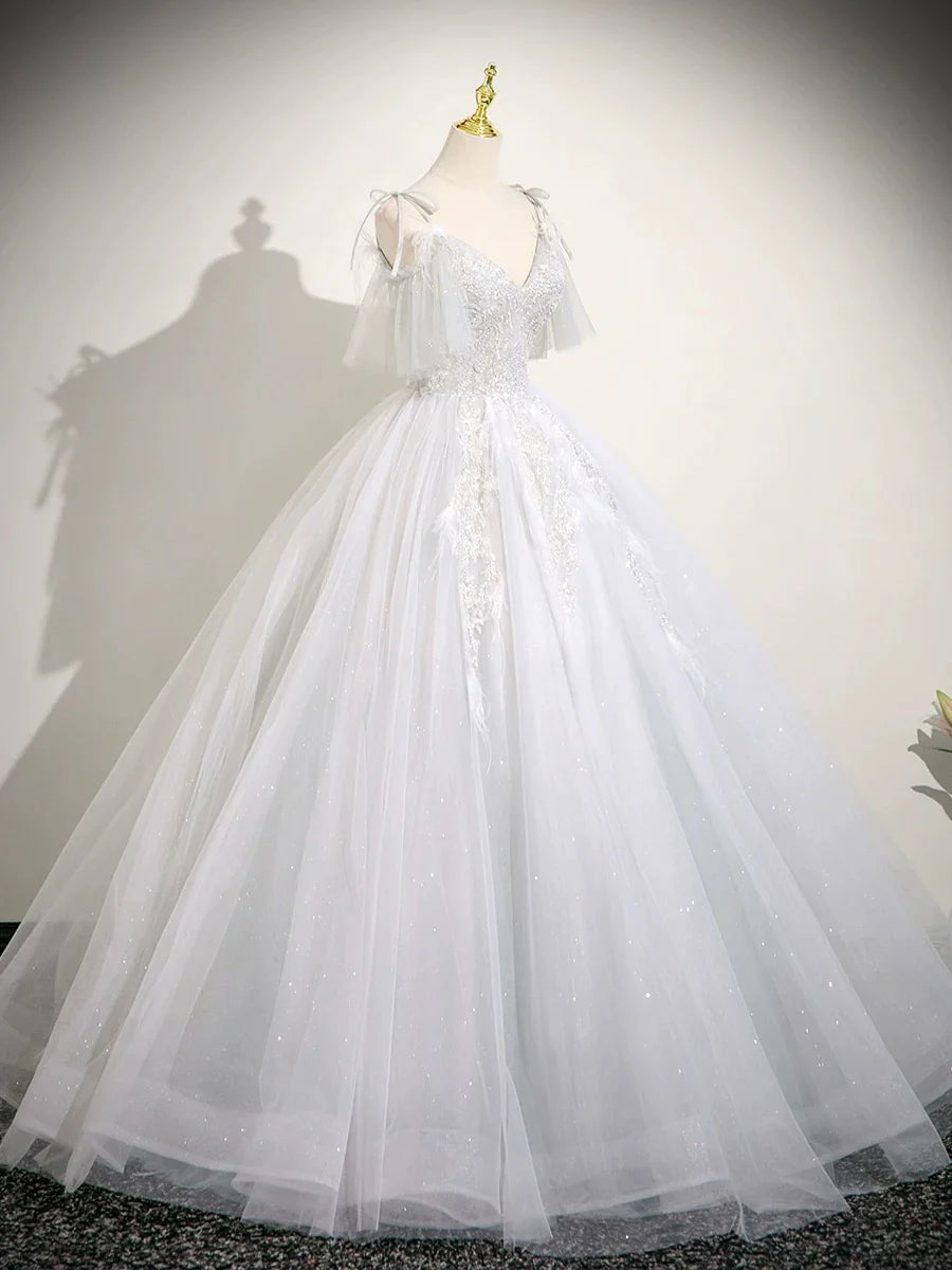 Cute V neck A-Line Tulle Long Prom Dresses, White Sweet 16 Dresses DP3169