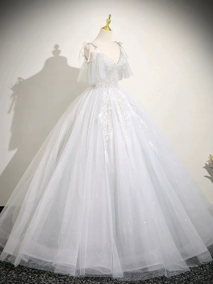 Cute V neck A-Line Tulle Long Prom Dresses, White Sweet 16 Dresses DP3169